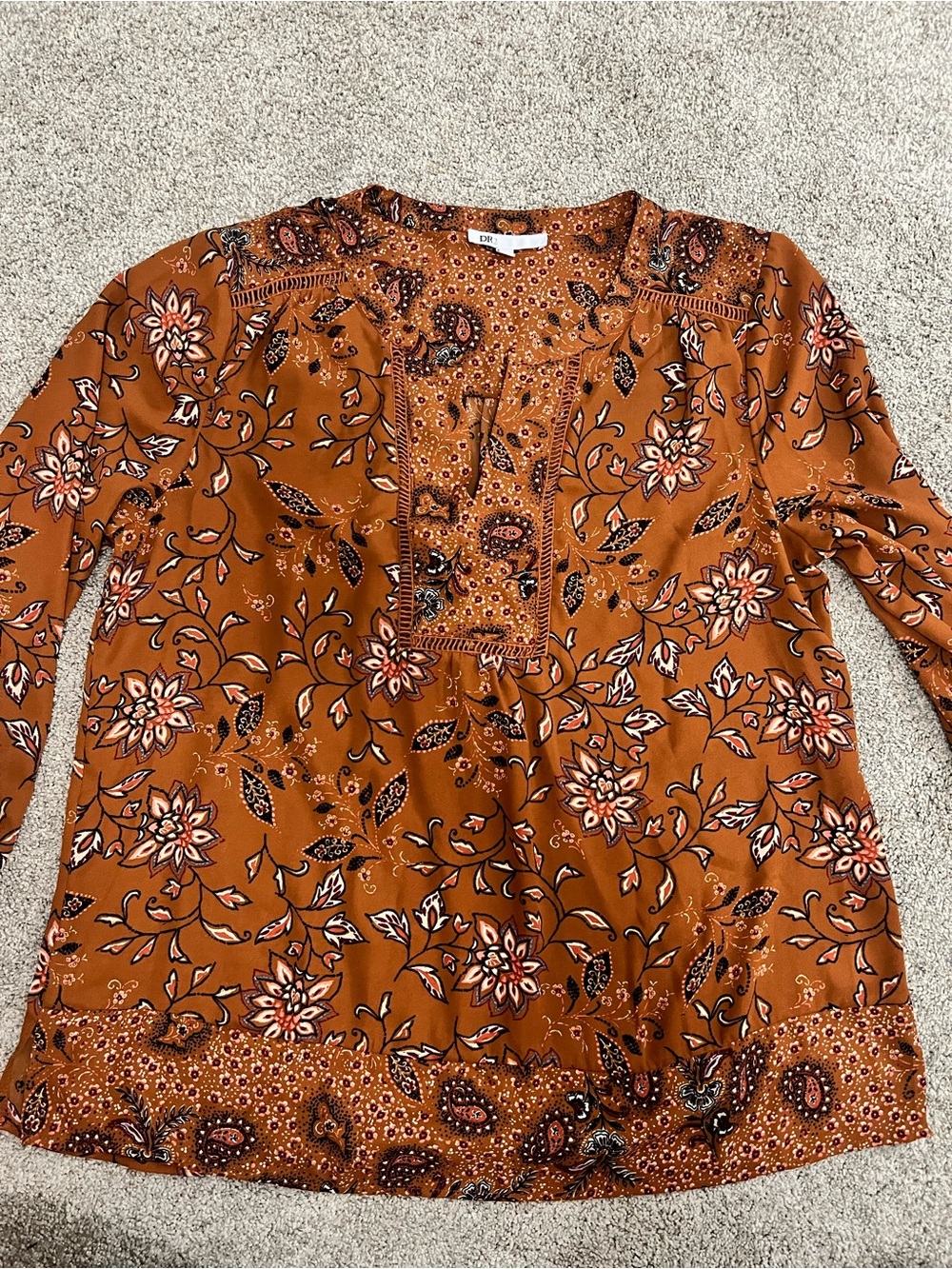 DR2 Boho Rust Fall Paisley Floral 3/4 Length Split-Neck Women's Flowy Top L